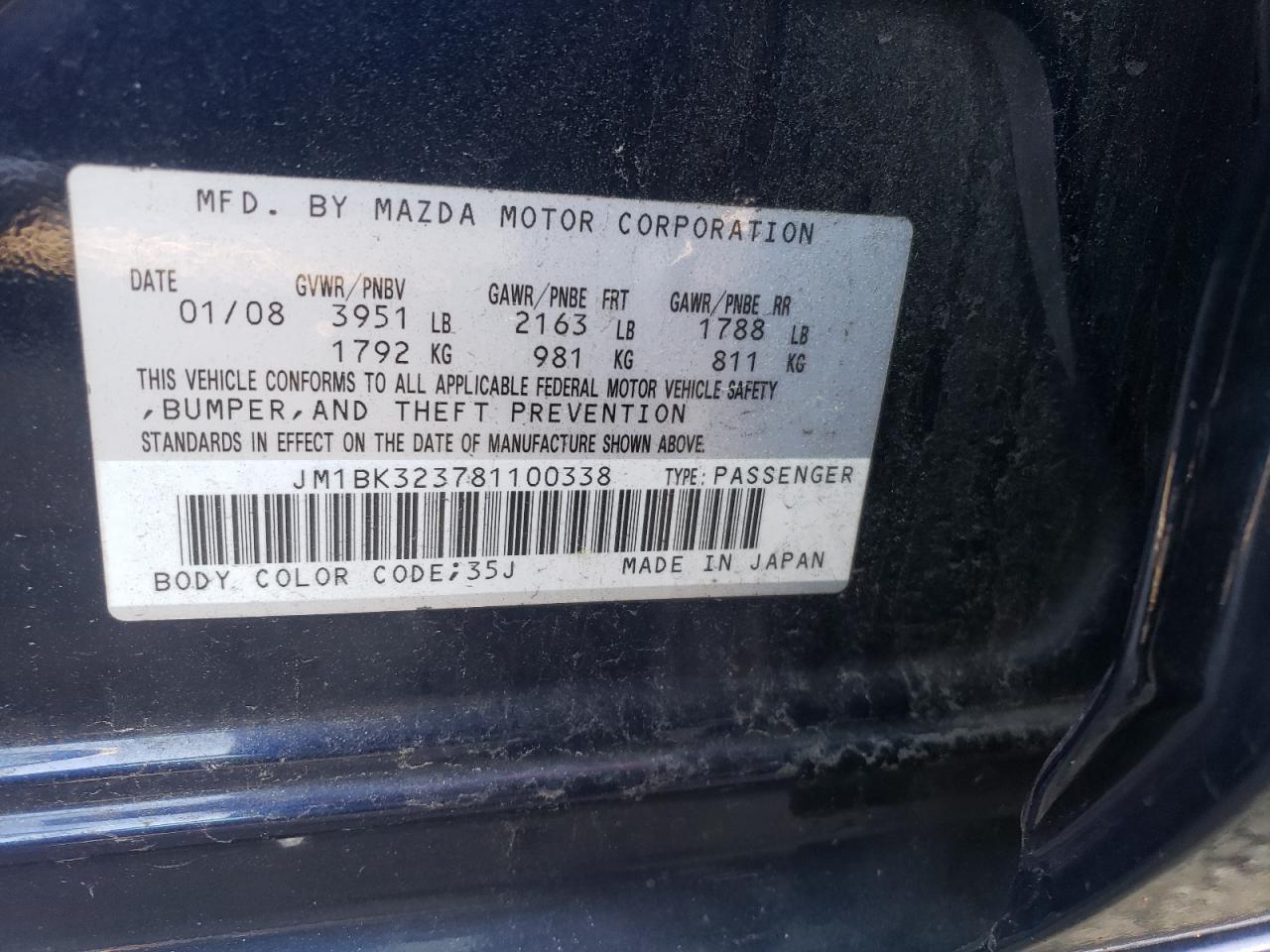 Photo 10 from auction – 2008 MAZDA 3 S with VIN JM1BK323781100338