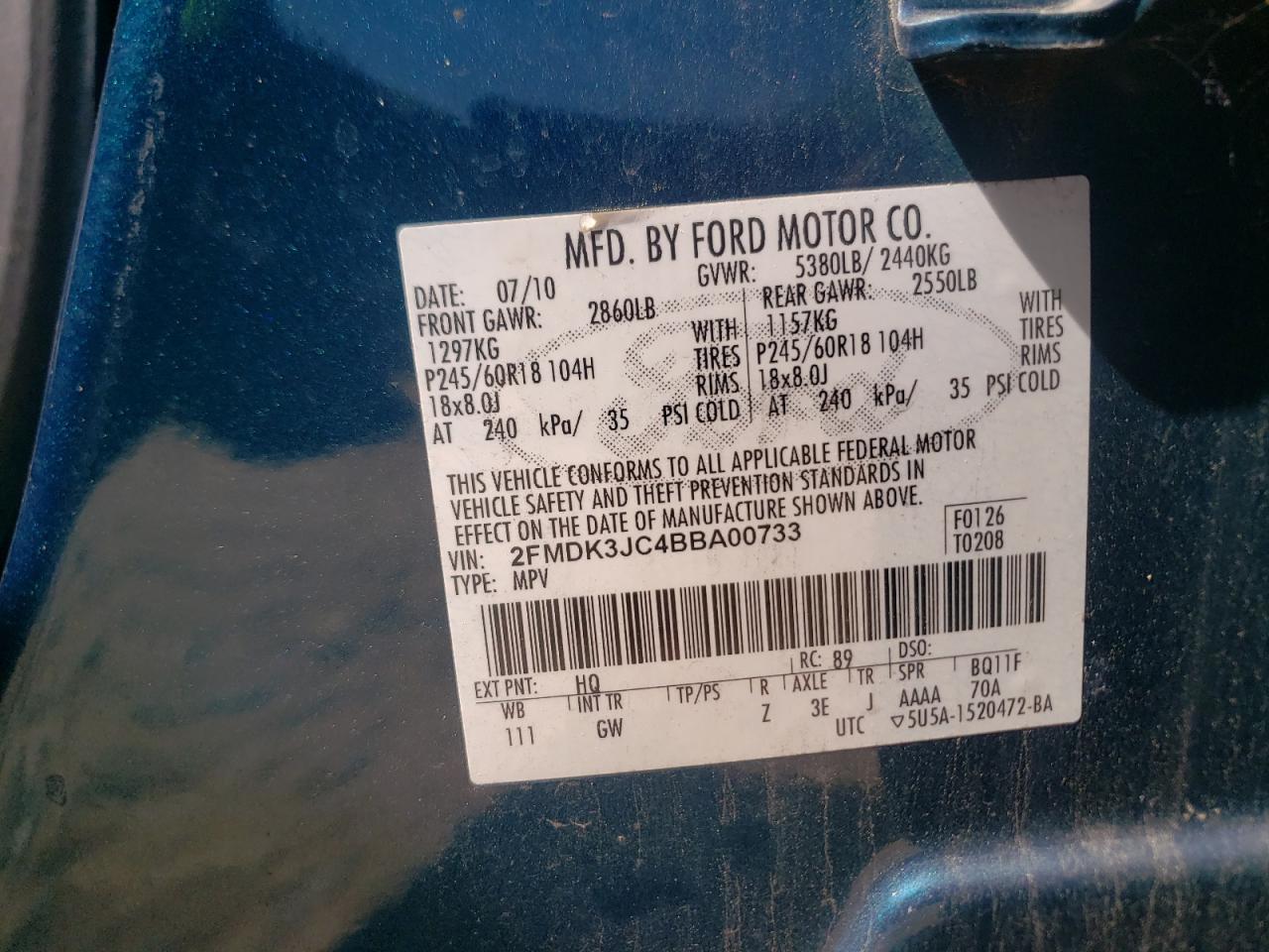 Photo 10 from auction – 2011 FORD EDGE SEL with VIN 2FMDK3JC4BBA00733