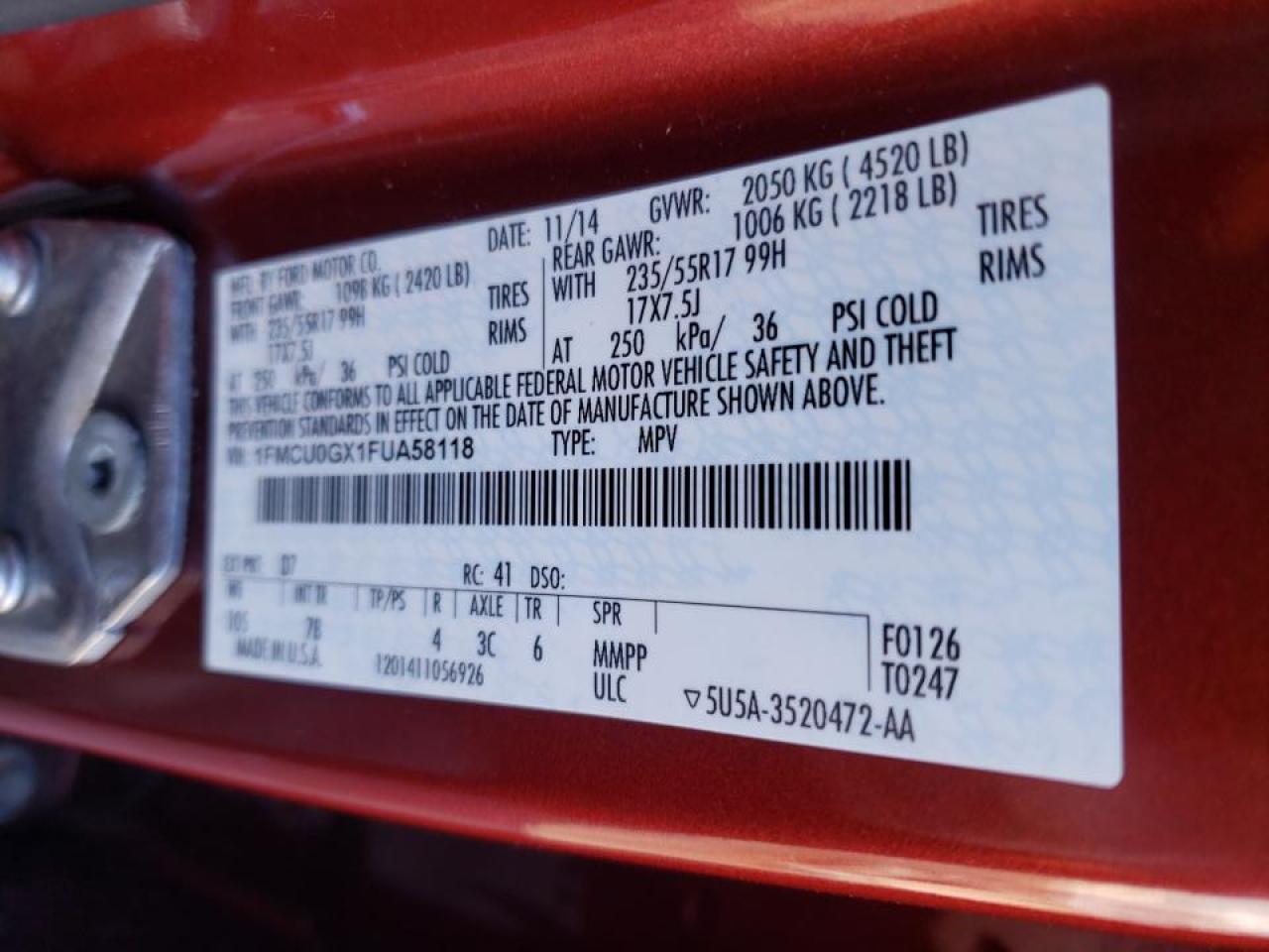 Photo 10 from auction – 2015 FORD ESCAPE SE with VIN 1FMCU0GX1FUA58118