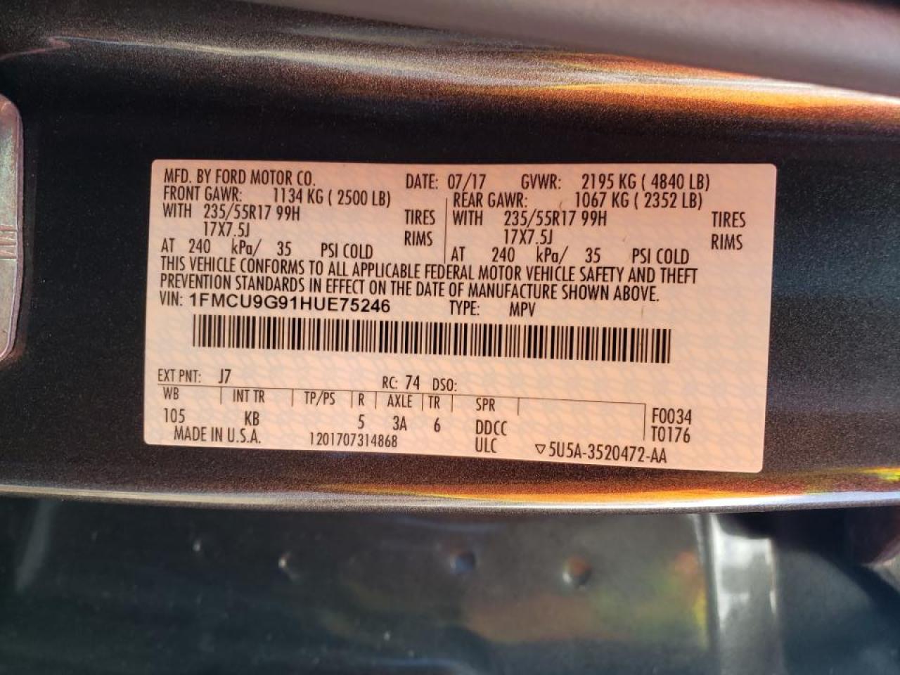 Photo 10 from auction – 2017 FORD ESCAPE SE with VIN 1FMCU9G91HUE75246