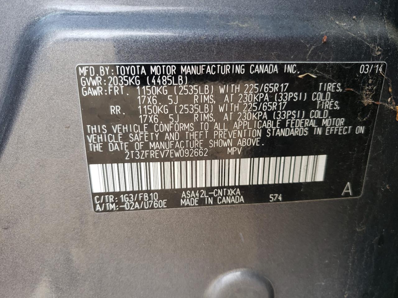 Photo 10 from auction – 2014 TOYOTA RAV4 LE with VIN 2T3ZFREV7EW092662