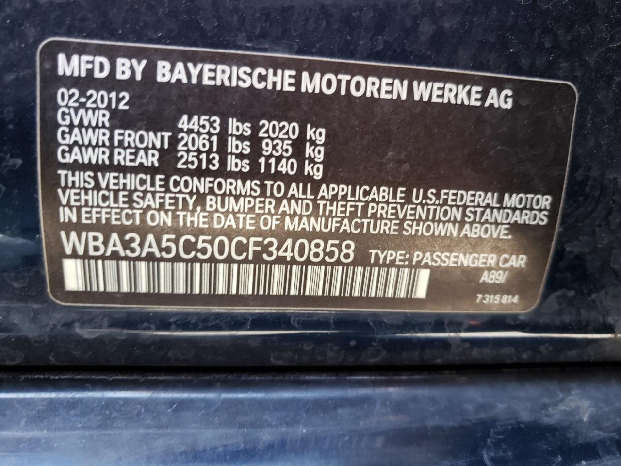 Photo 10 from auction – 2012 BMW 328 I with VIN WBA3A5C50CF340858
