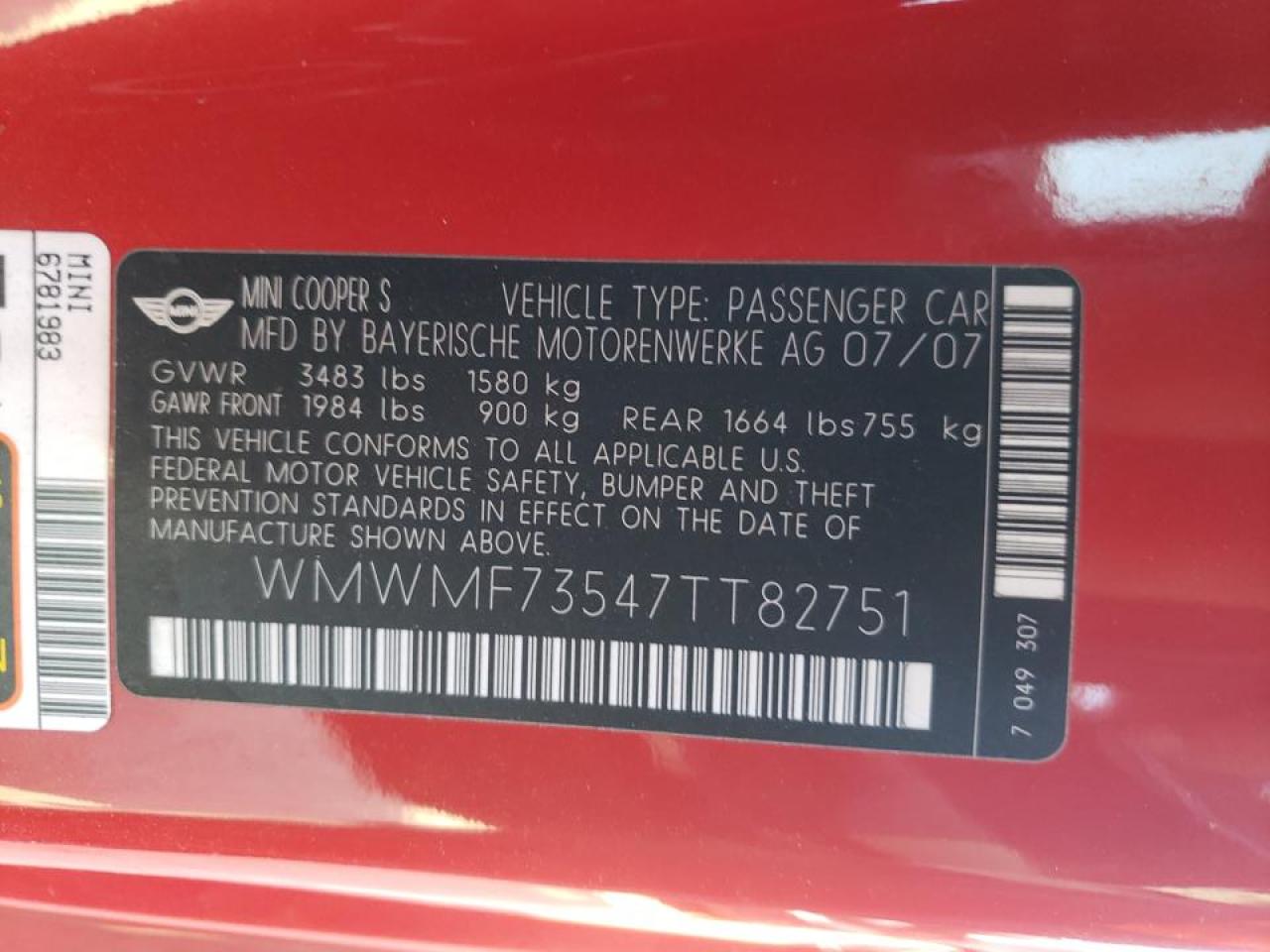 Photo 10 from auction – 2007 MINI COOPER S with VIN WMWMF73547TT82751