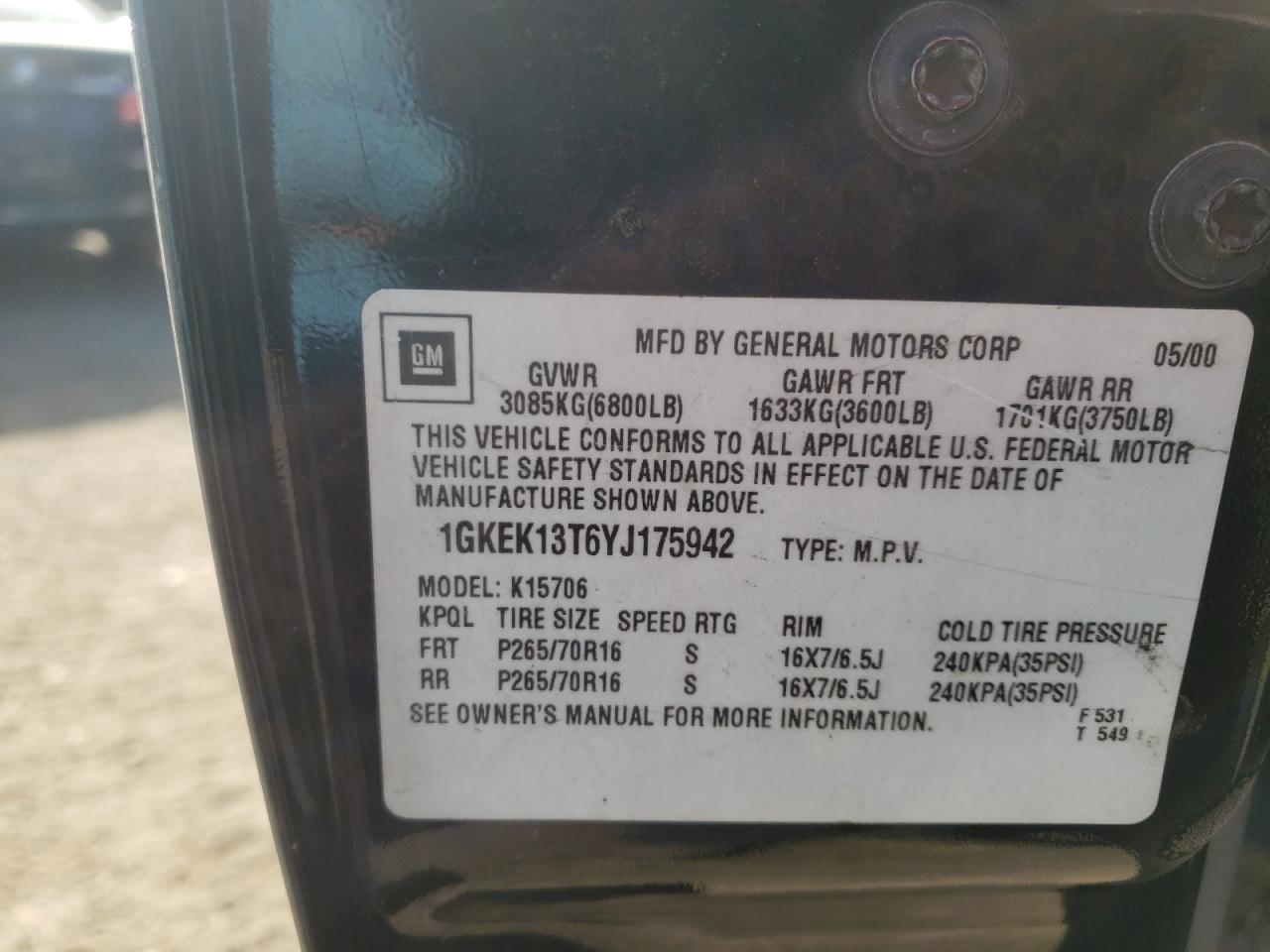 Photo 10 from auction – 2000 GMC YUKON with VIN 1GKEK13T6YJ175942
