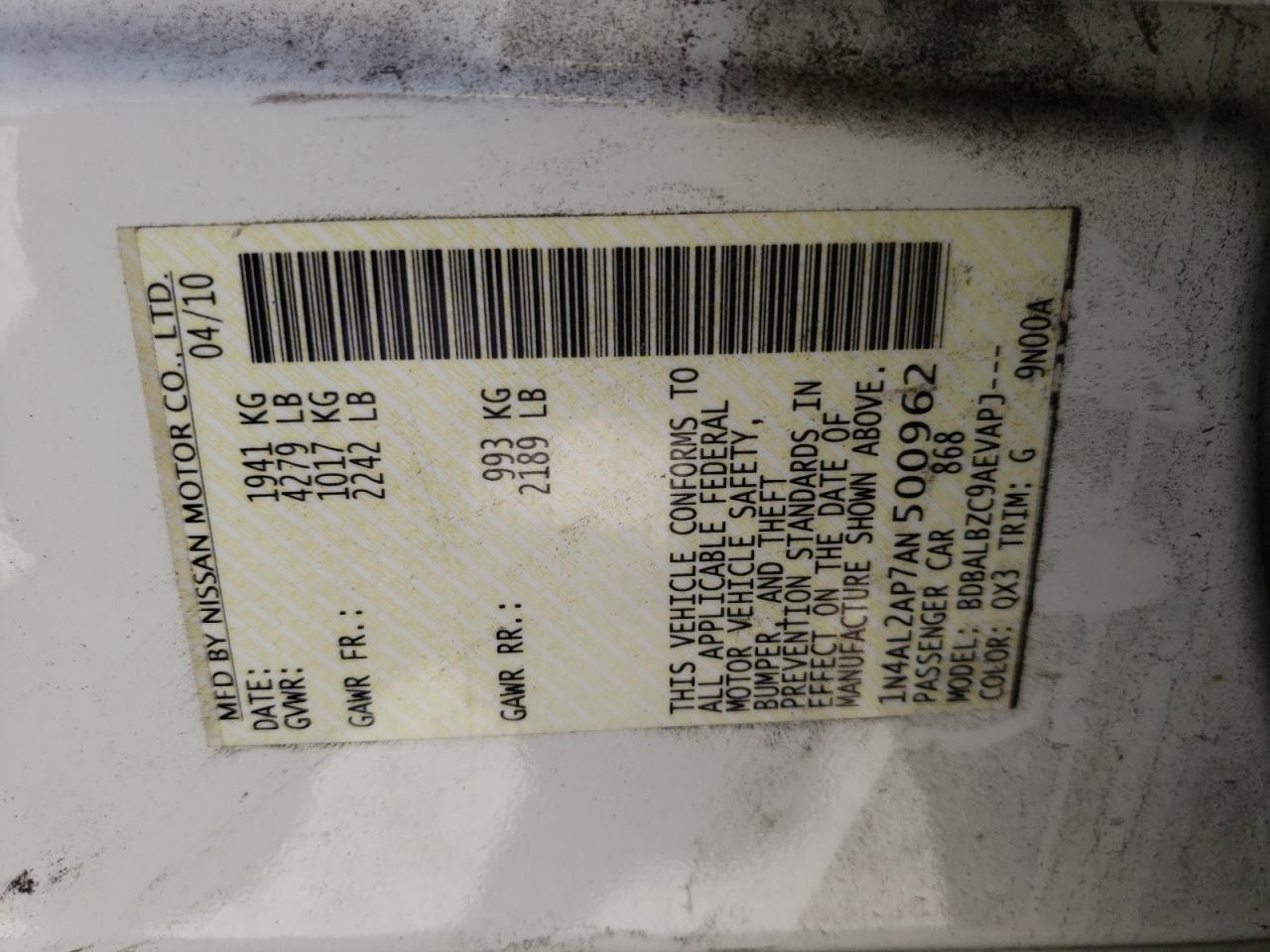Photo 10 from auction – 2010 NISSAN ALTIMA BAS with VIN 1N4AL2AP7AN500962