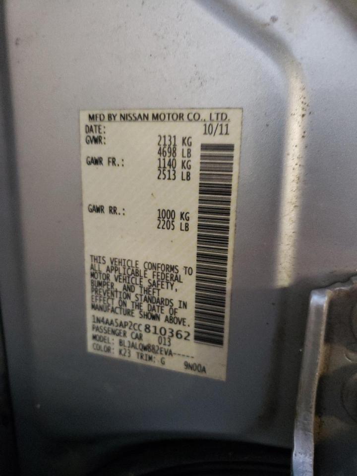 Photo 10 from auction – 2012 NISSAN MAXIMA S with VIN 1N4AA5AP2CC810362