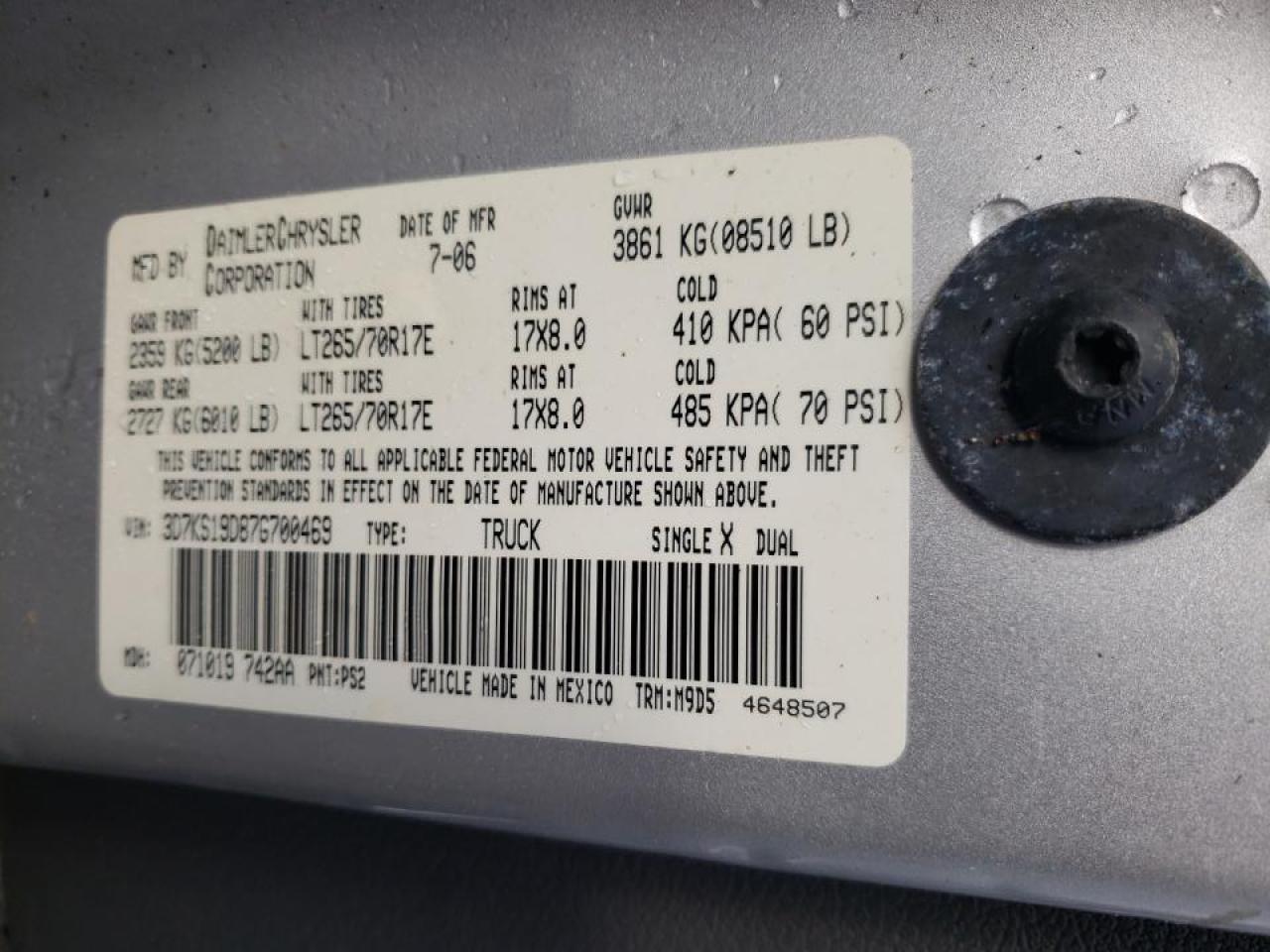 Photo 10 from auction – 2007 DODGE RAM 1500 with VIN 3D7KS19D87G700469