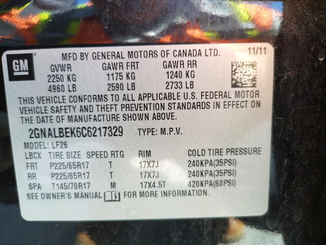 Photo 10 from auction – 2012 CHEVROLET EQUINOX LS with VIN 2GNALBEK6C6217329