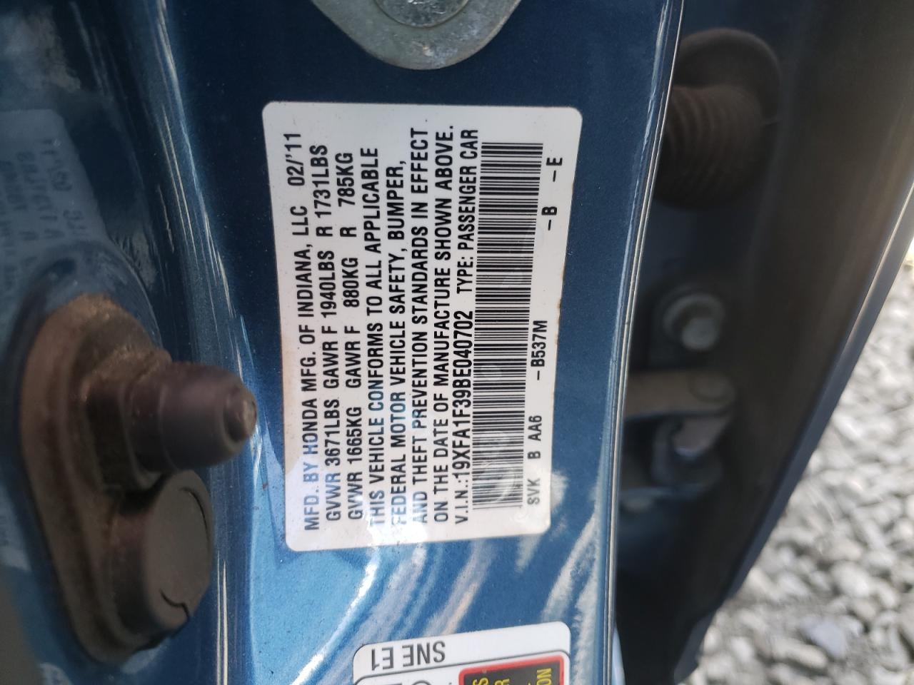 Photo 10 from auction – 2011 HONDA CIVIC VP with VIN 19XFA1F39BE040702