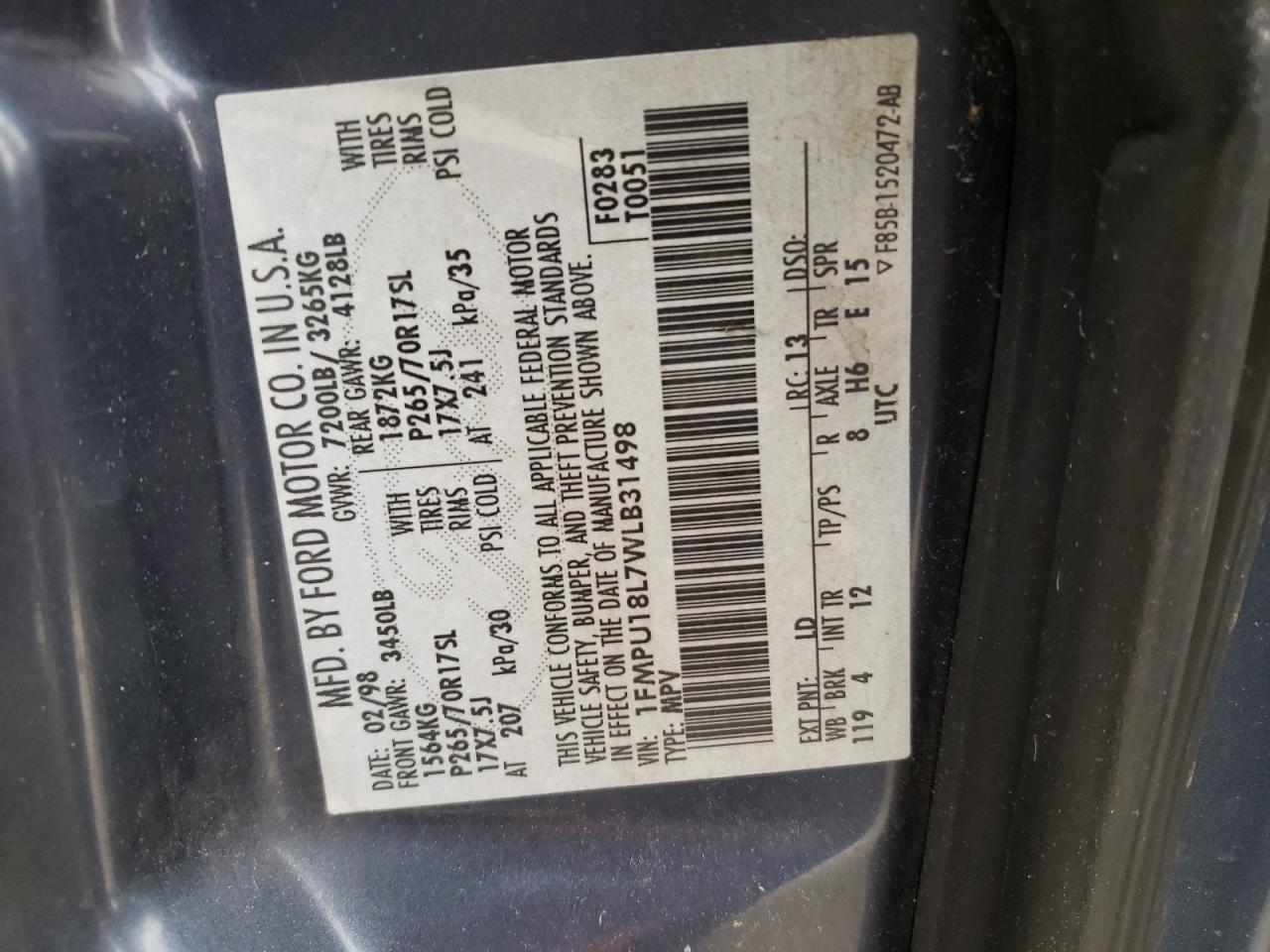 Photo 10 from auction – 1998 FORD EXPEDITION with VIN 1FMPU18L7WLB31498