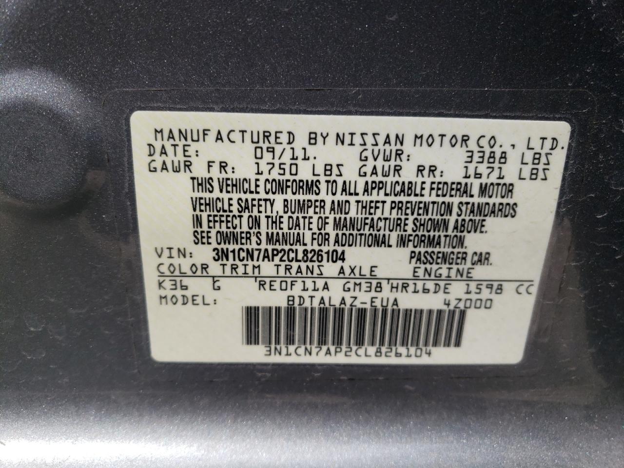 Photo 10 from auction – 2012 NISSAN VERSA S with VIN 3N1CN7AP2CL826104