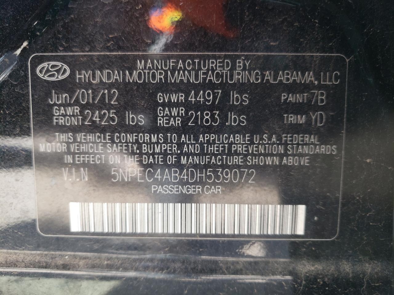 Photo 10 from auction – 2013 HYUNDAI SONATA SE with VIN 5NPEC4AB4DH539072