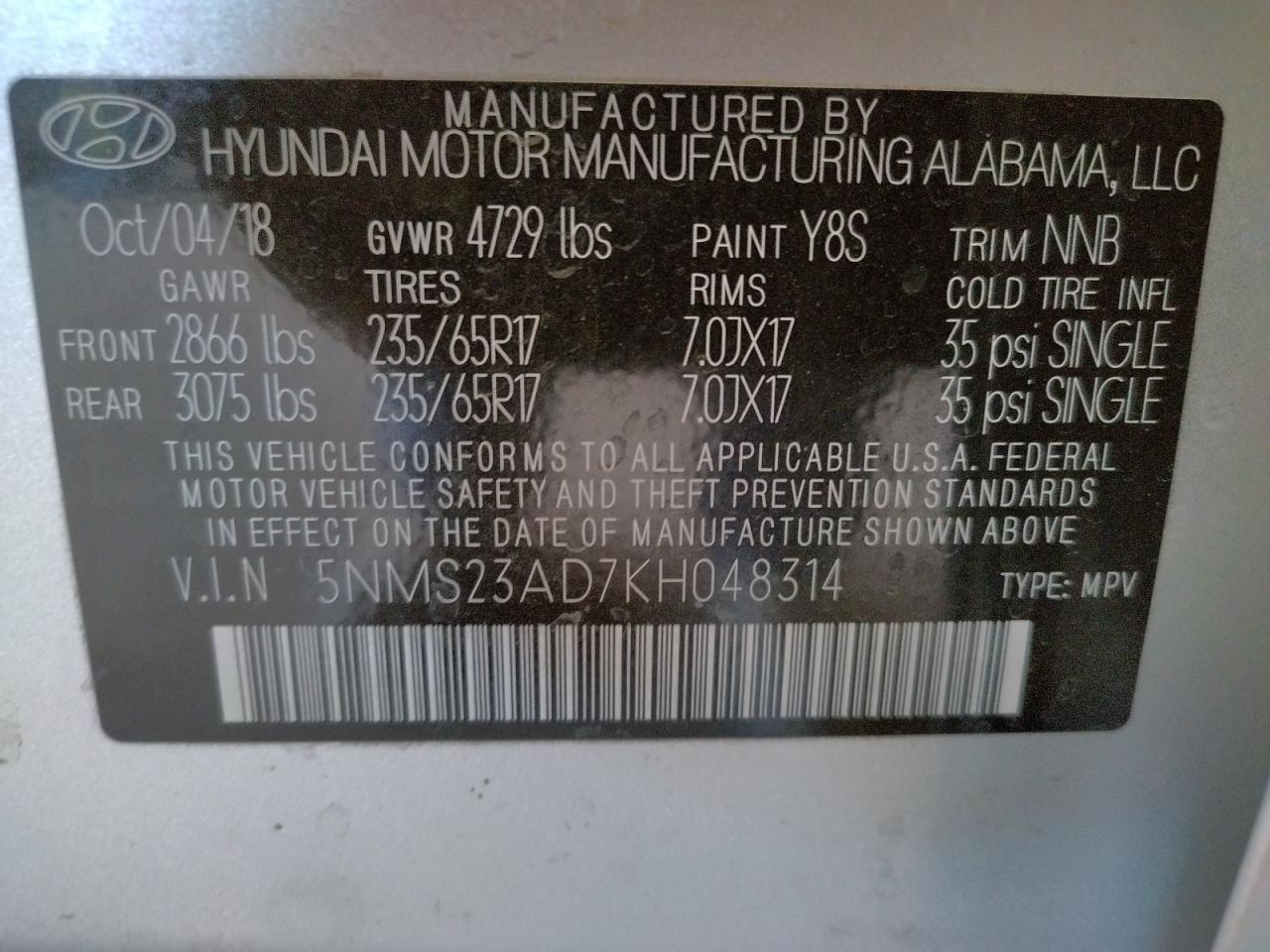 Photo 10 from auction – 2019 HYUNDAI SANTA FE S with VIN 5NMS23AD7KH048314