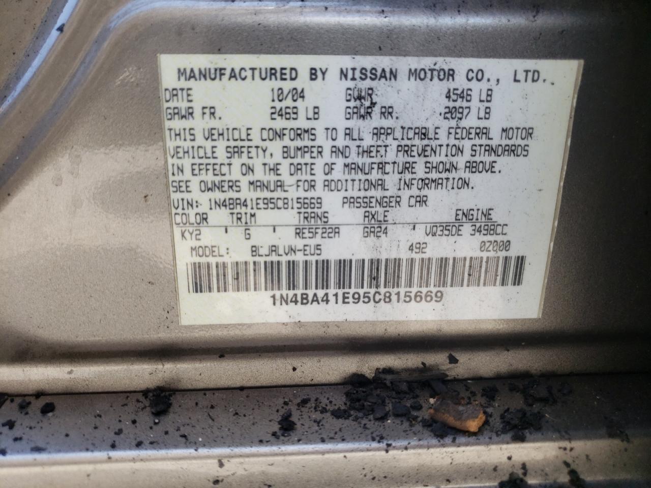 Photo 10 from auction – 2005 NISSAN MAXIMA SE with VIN 1N4BA41E95C815669