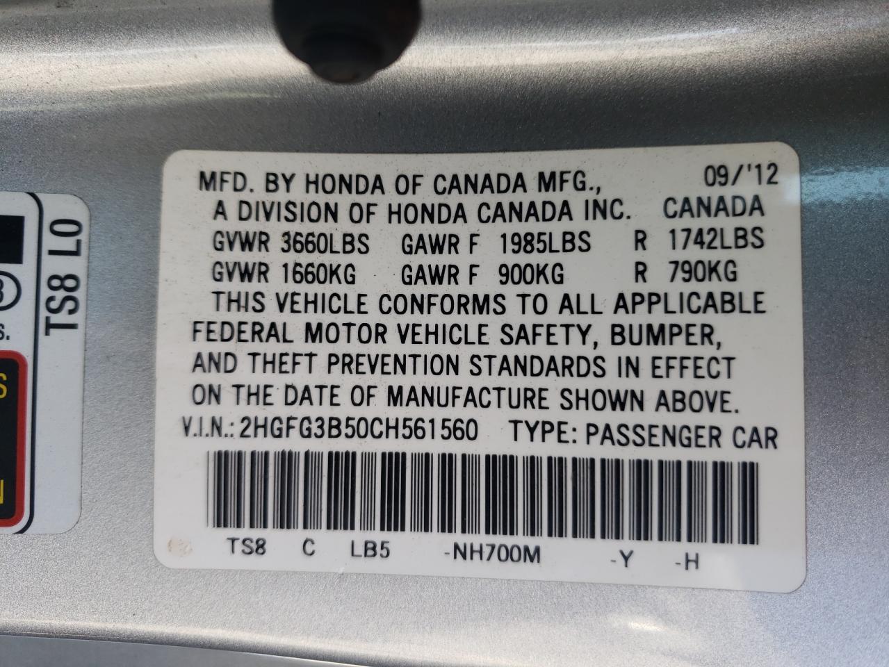 Photo 10 from auction – 2012 HONDA CIVIC LX with VIN 2HGFG3B50CH561560
