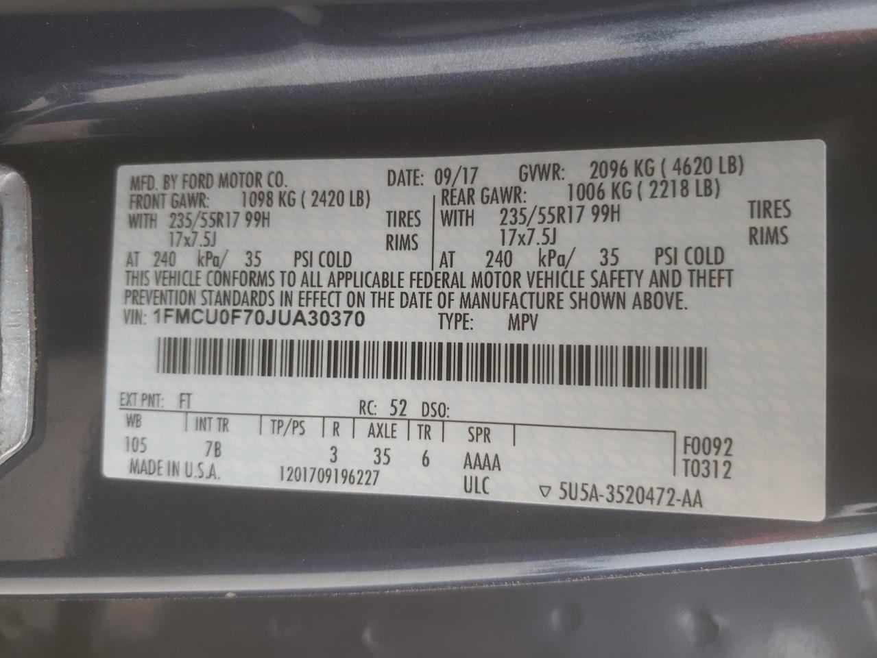 Photo 10 from auction – 2018 FORD ESCAPE S with VIN 1FMCU0F70JUA30370