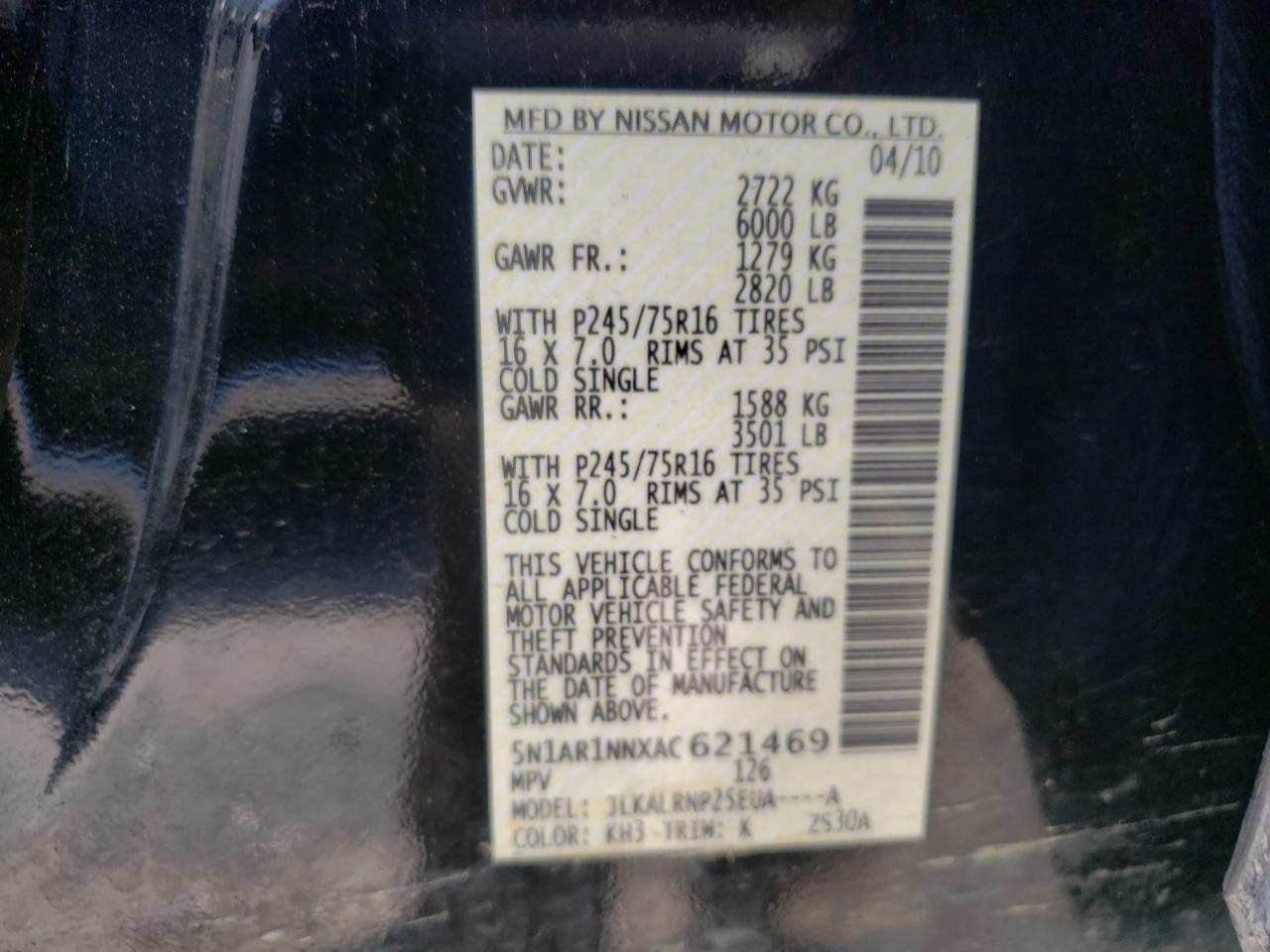 Photo 10 from auction – 2010 NISSAN PATHFINDER with VIN 5N1AR1NNXAC621469