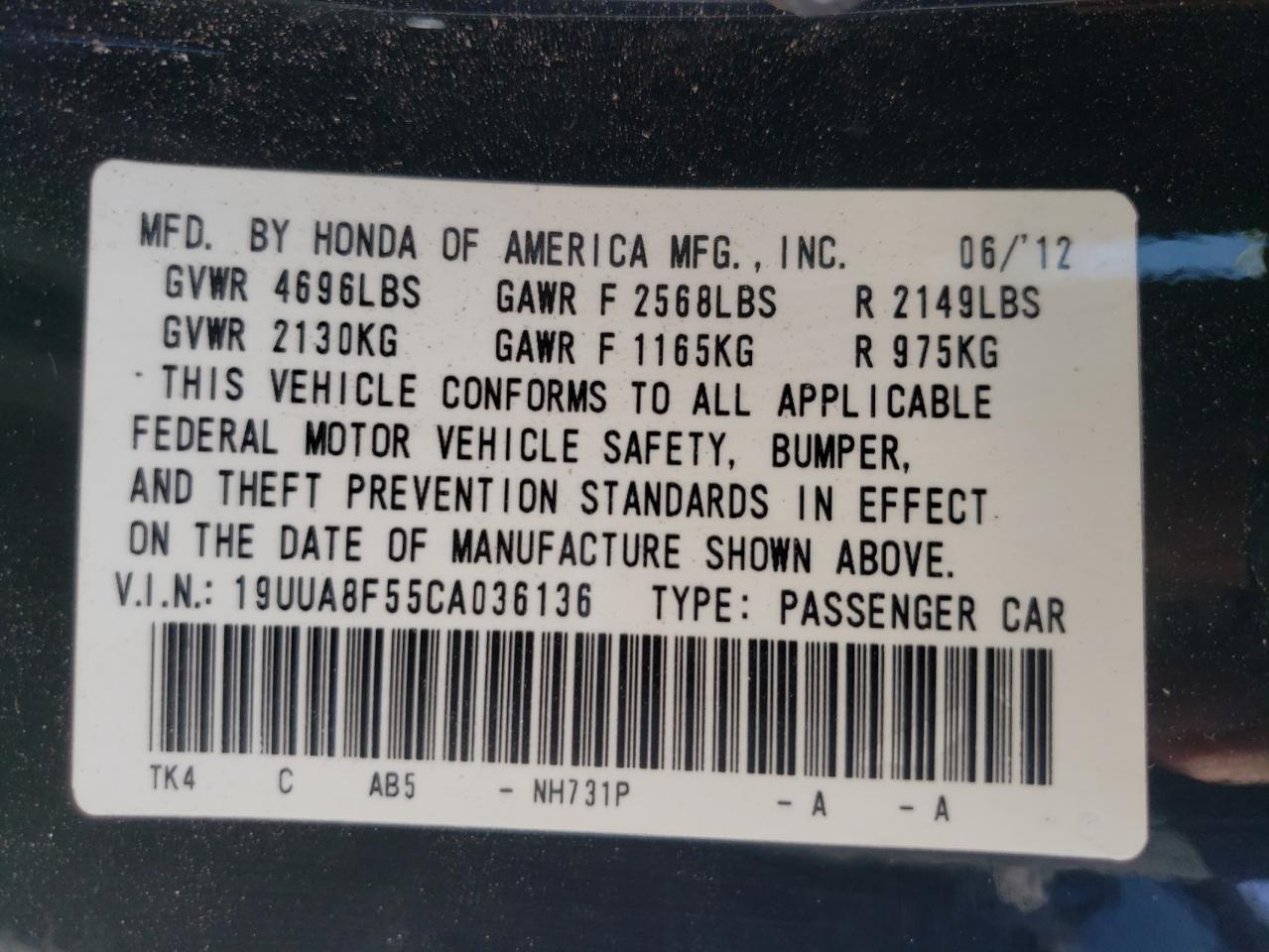 Photo 10 from auction – 2012 ACURA TL with VIN 19UUA8F55CA036136