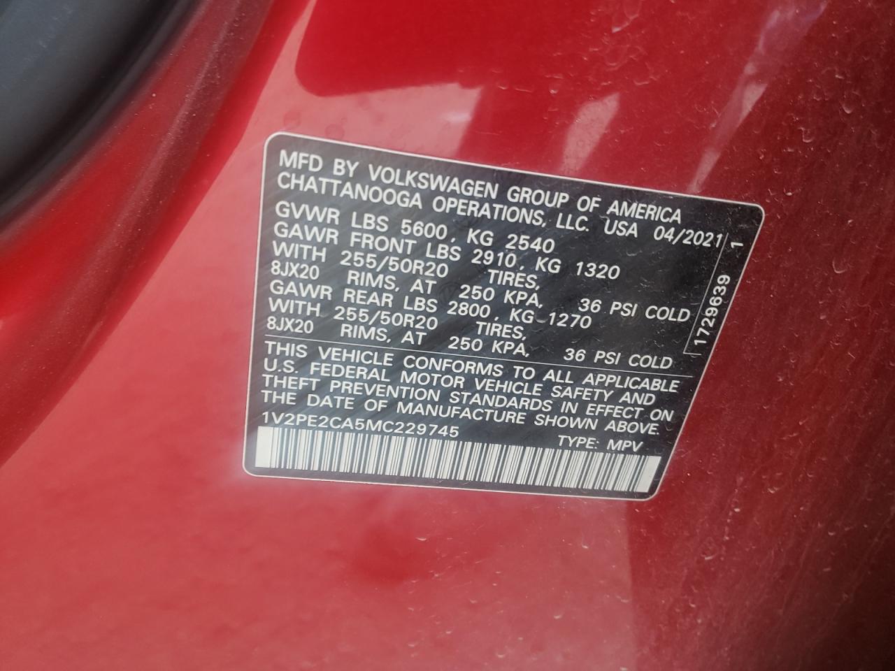 Photo 10 from auction – 2021 VOLKSWAGEN ATLAS CROS with VIN 1V2PE2CA5MC229745