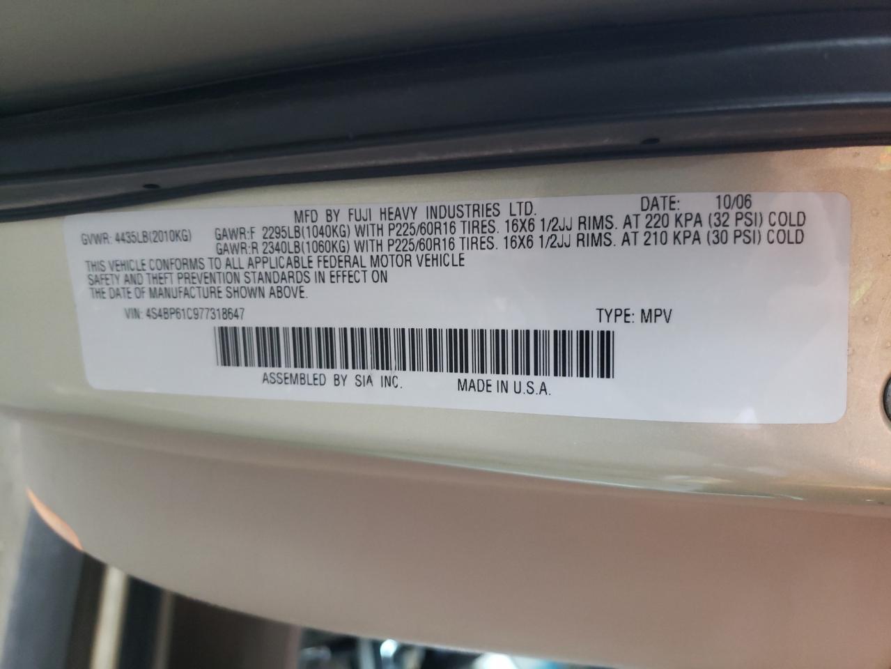 Photo 10 from auction – 2007 SUBARU LEGACY OUT with VIN 4S4BP61C977318647