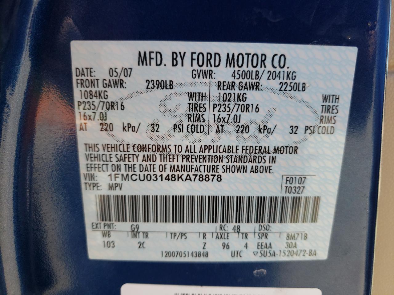 Photo 10 from auction – 2008 FORD ESCAPE XLT with VIN 1FMCU03148KA78878
