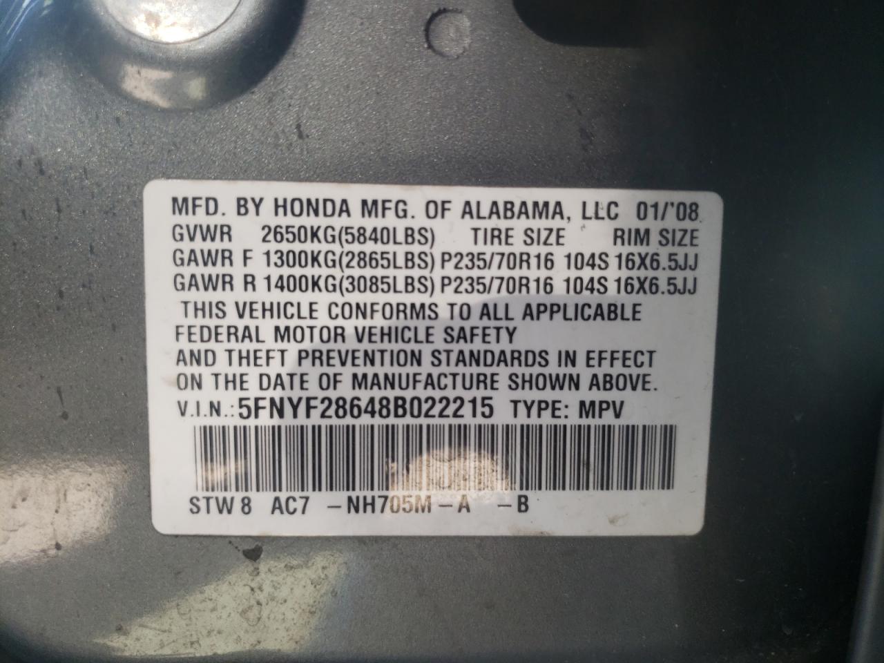 Photo 10 from auction – 2008 HONDA PILOT EXL with VIN 5FNYF28648B022215