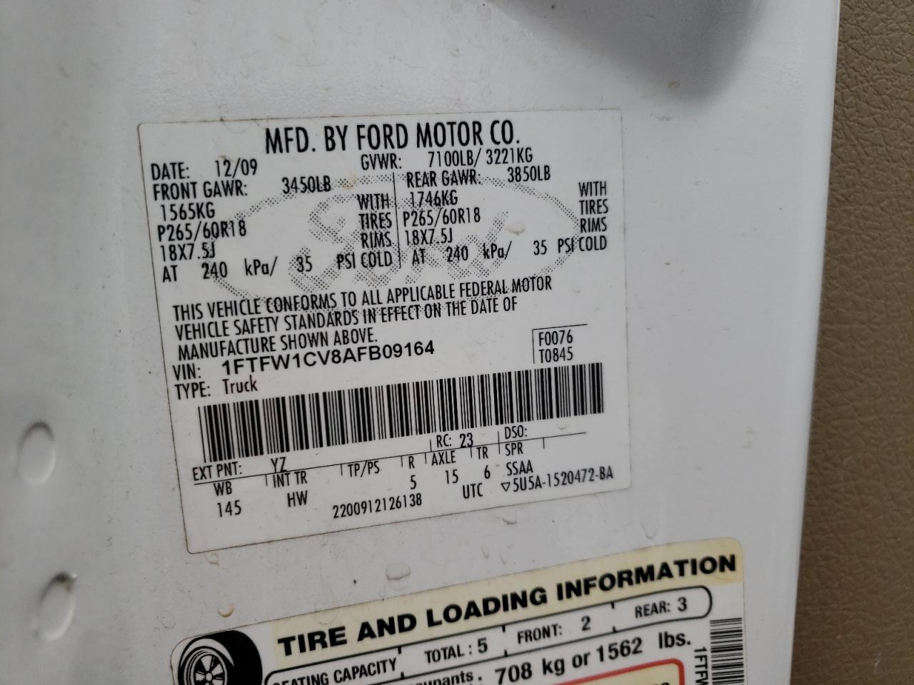 Photo 10 from auction – 2010 FORD F150 SUPER with VIN 1FTFW1CV8AFB09164
