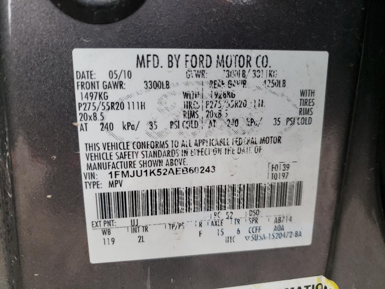Photo 10 from auction – 2010 FORD EXPEDITION with VIN 1FMJU1K52AEB60243