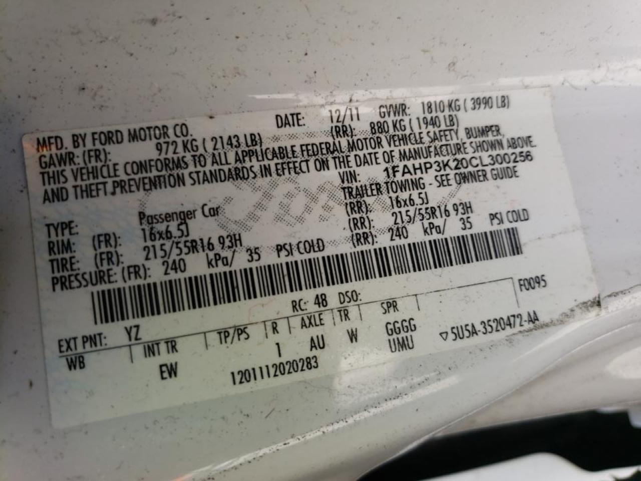 Photo 20 from auction – 2012 FORD FOCUS SE with VIN 1FAHP3K20CL300256