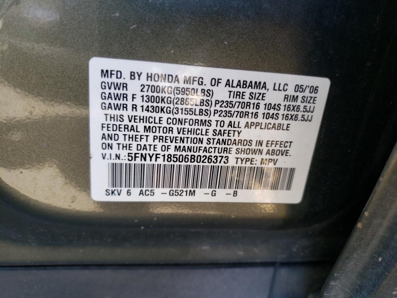 Photo 10 from auction – 2006 HONDA PILOT EX with VIN 5FNYF18506B026373