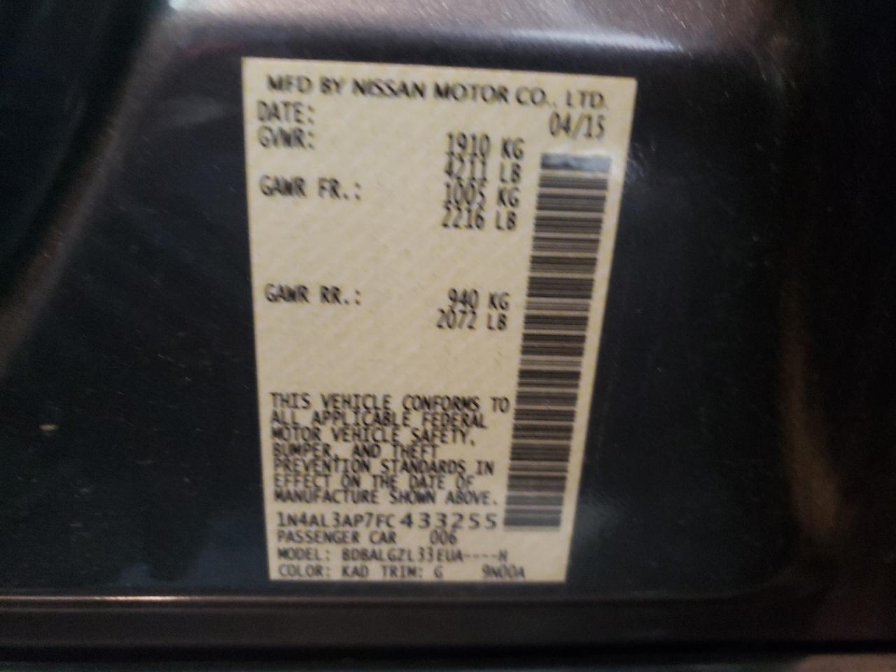 Photo 10 from auction – 2015 NISSAN ALTIMA 2.5 with VIN 1N4AL3AP7FC433255