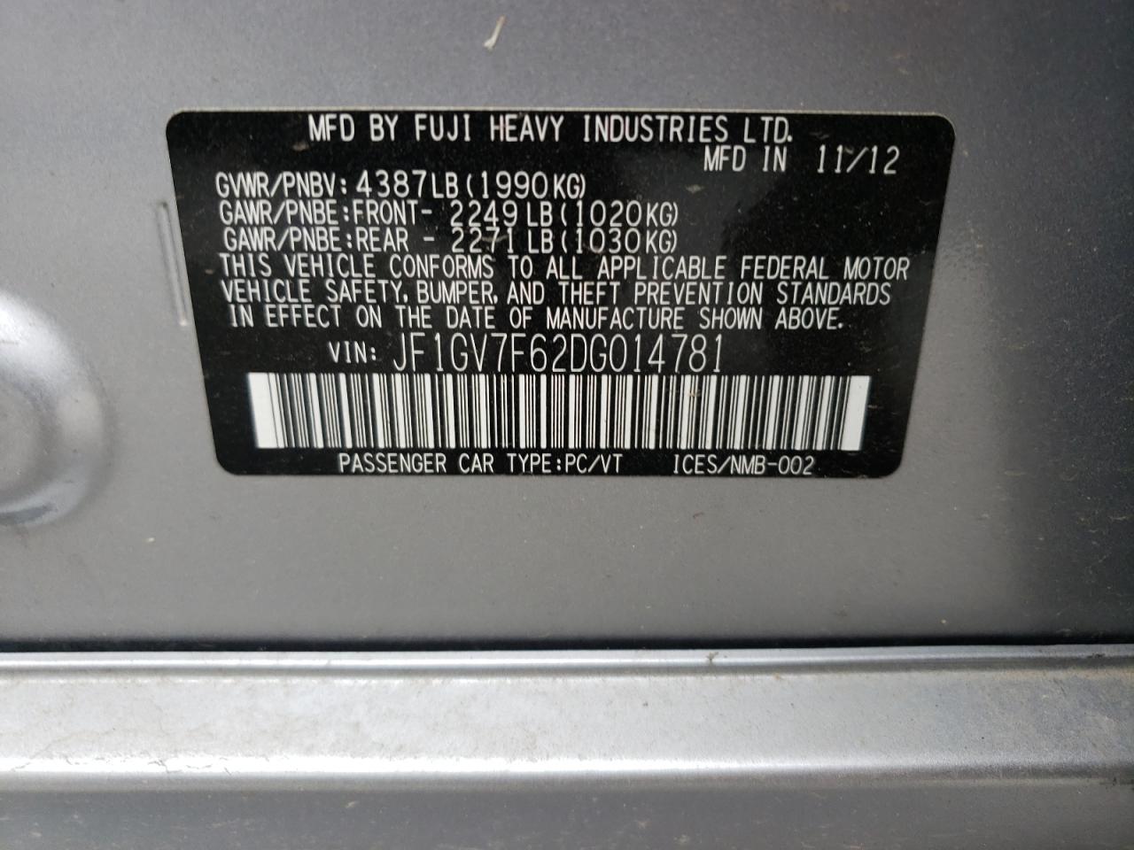 Photo 10 from auction – 2013 SUBARU IMPREZA WR with VIN JF1GV7F62DG014781