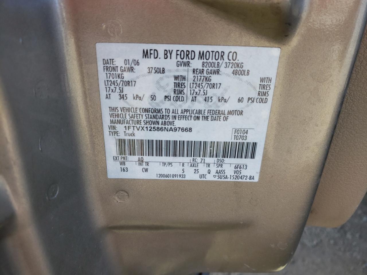 Photo 10 from auction – 2006 FORD F150 with VIN 1FTVX12586NA97668