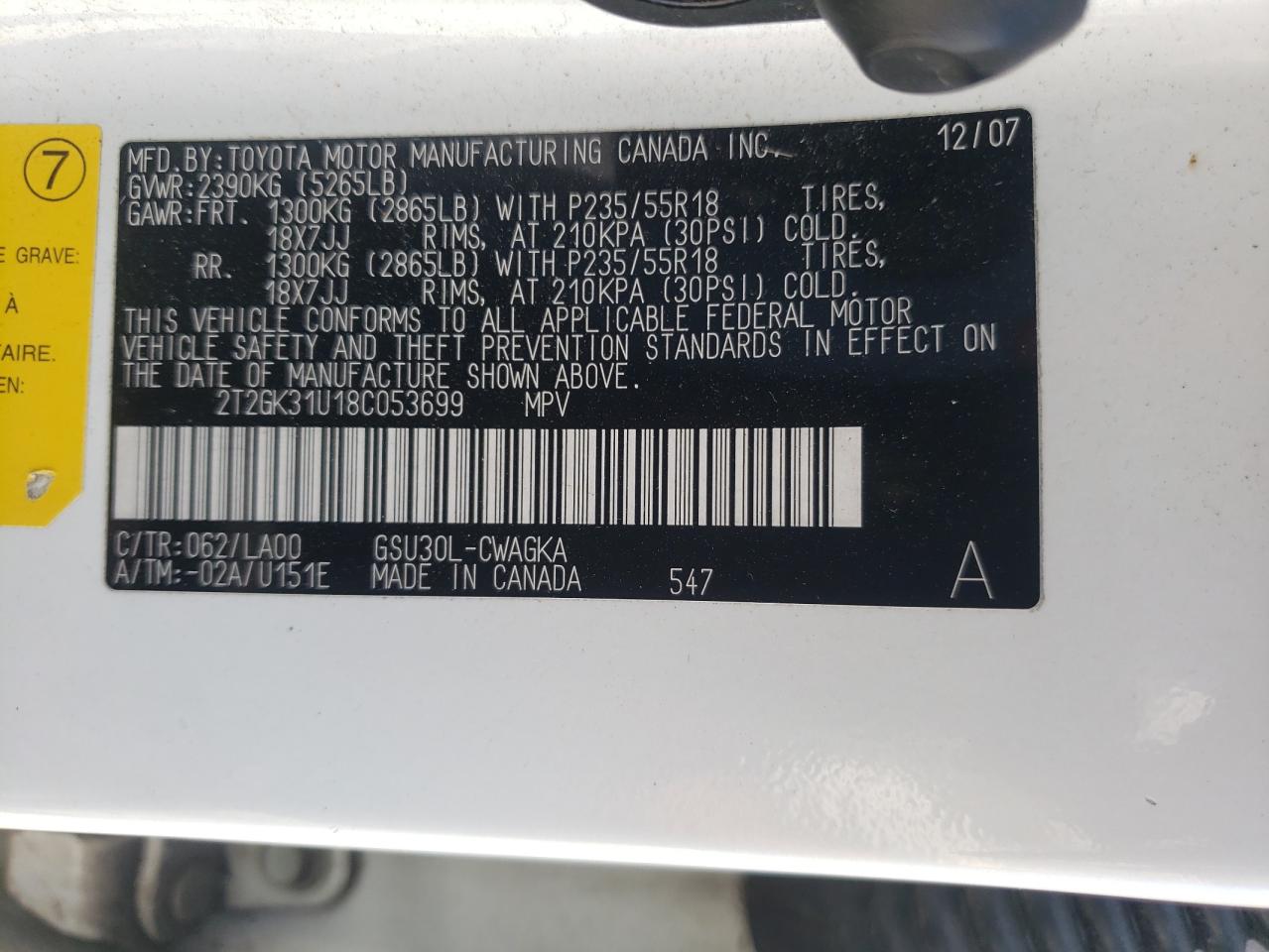 Photo 10 from auction – 2008 LEXUS RX 350 with VIN 2T2GK31U18C053699