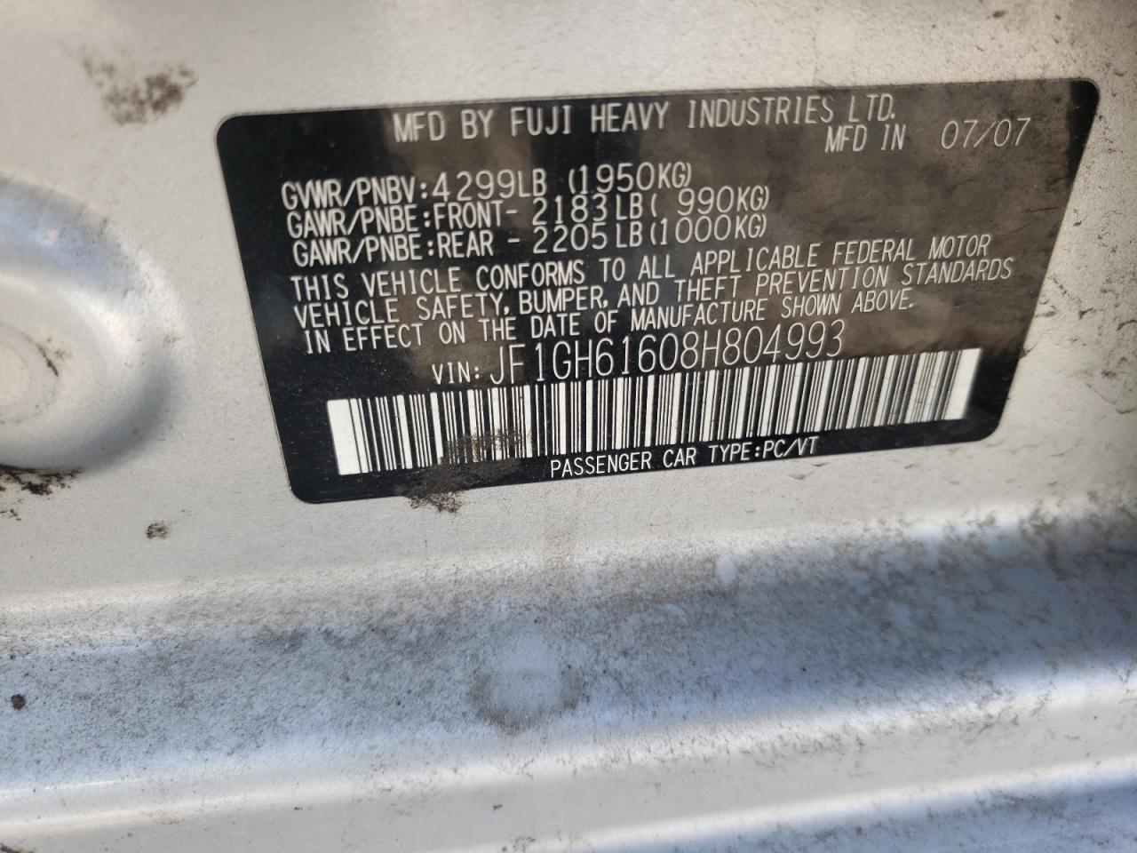 Photo 10 from auction – 2008 SUBARU IMPREZA 2. with VIN JF1GH61608H804993