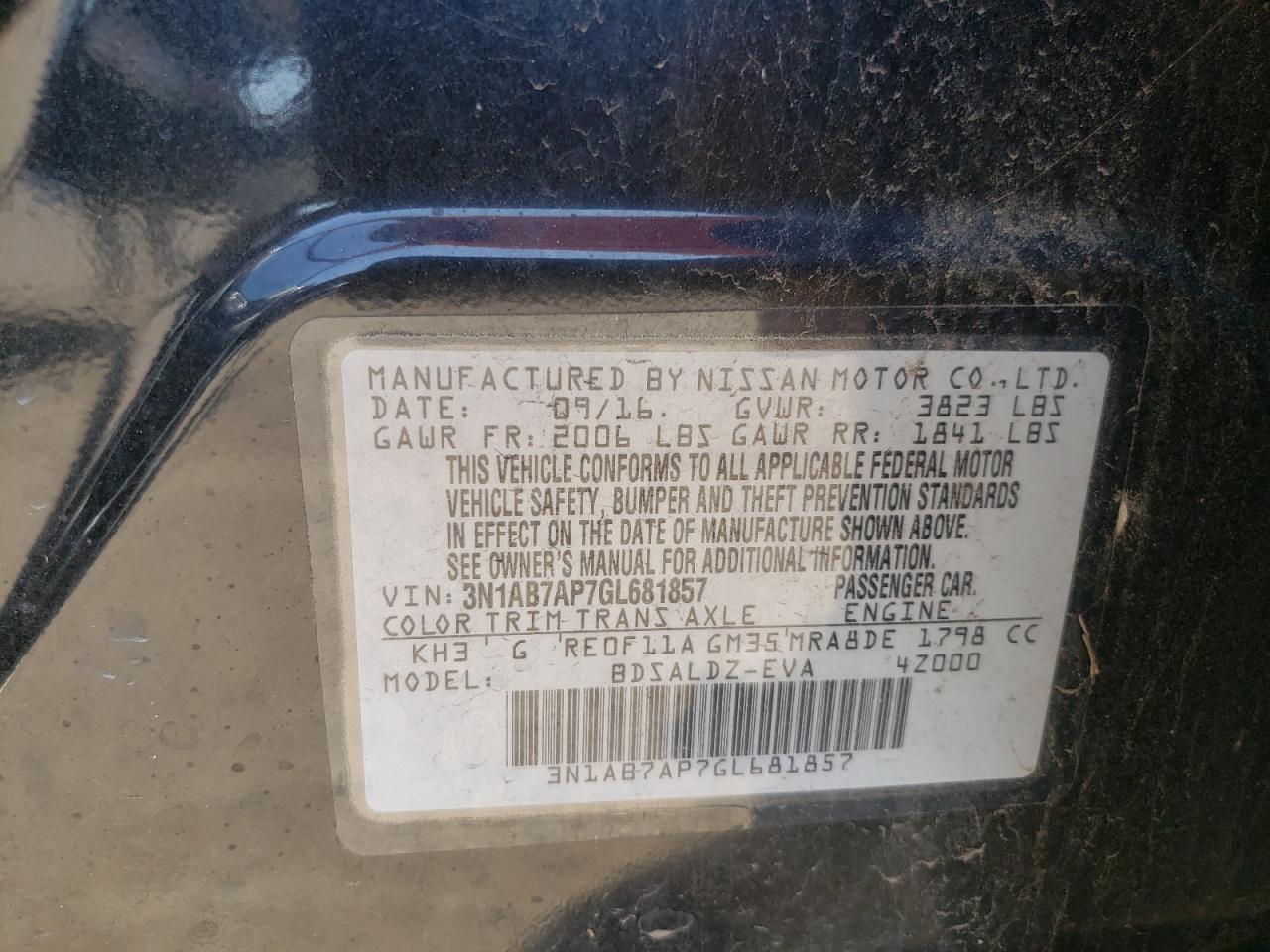 Photo 10 from auction – 2016 NISSAN SENTRA S with VIN 3N1AB7AP7GL681857