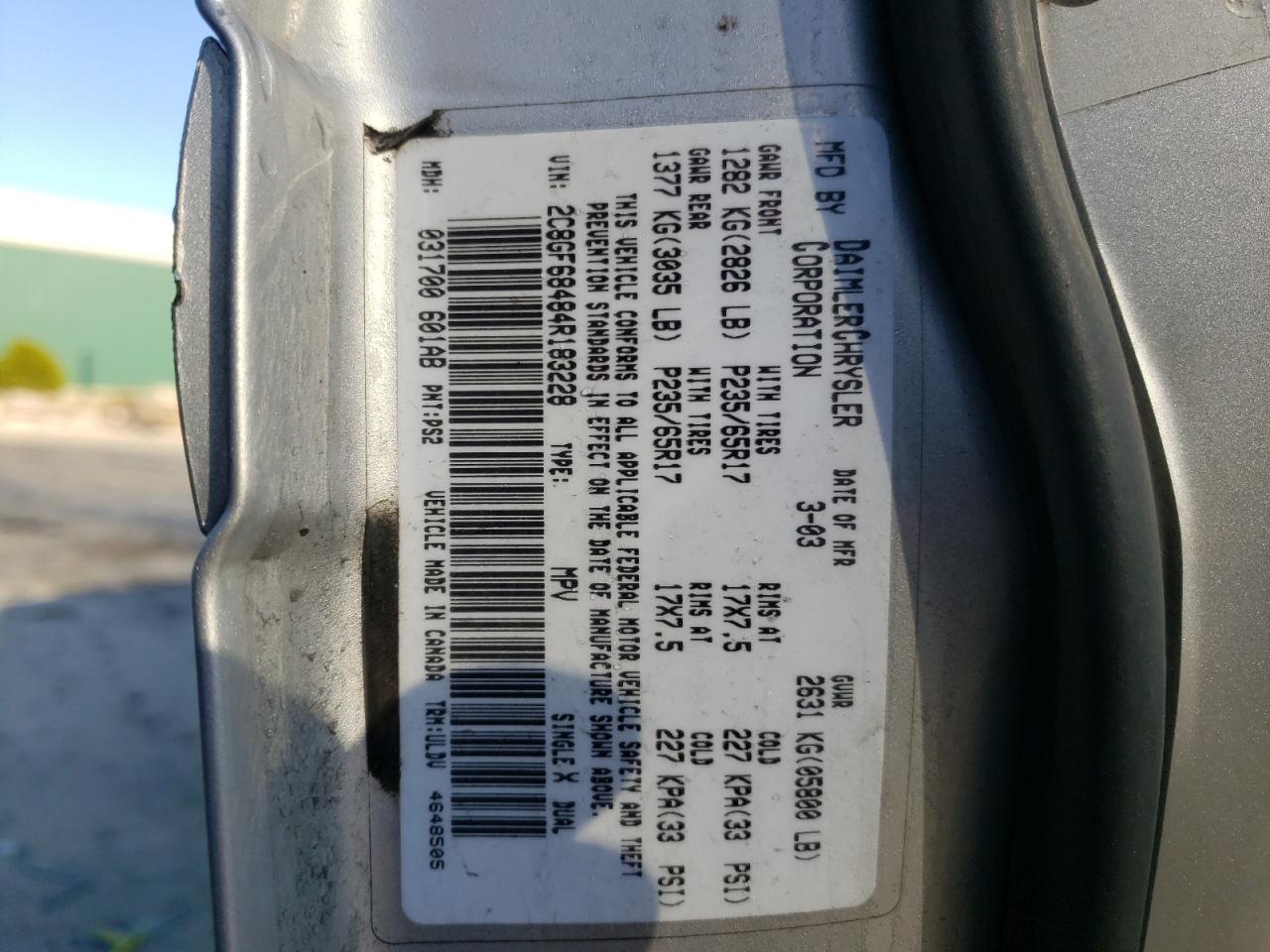 Photo 10 from auction – 2004 CHRYSLER PACIFICA with VIN 2C8GF68484R183228