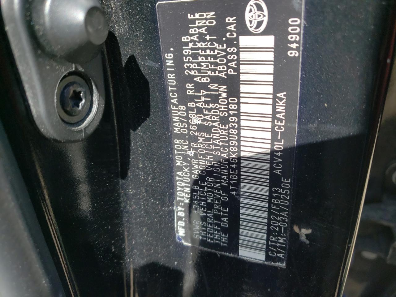 Photo 10 from auction – 2009 TOYOTA CAMRY BASE with VIN 4T1BE46K89U839180