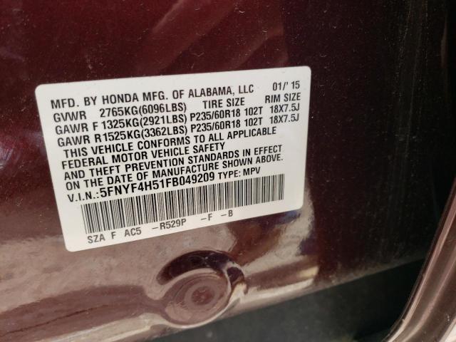 Photo 10 from auction – 2015 HONDA PILOT EXL with VIN 5FNYF4H51FB049209