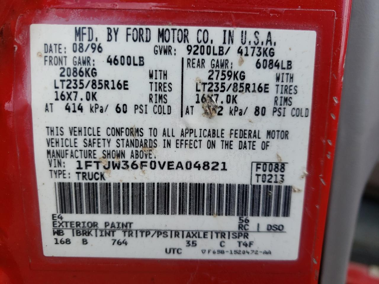 Photo 10 from auction – 1997 FORD F350 with VIN 1FTJW36F0VEA04821