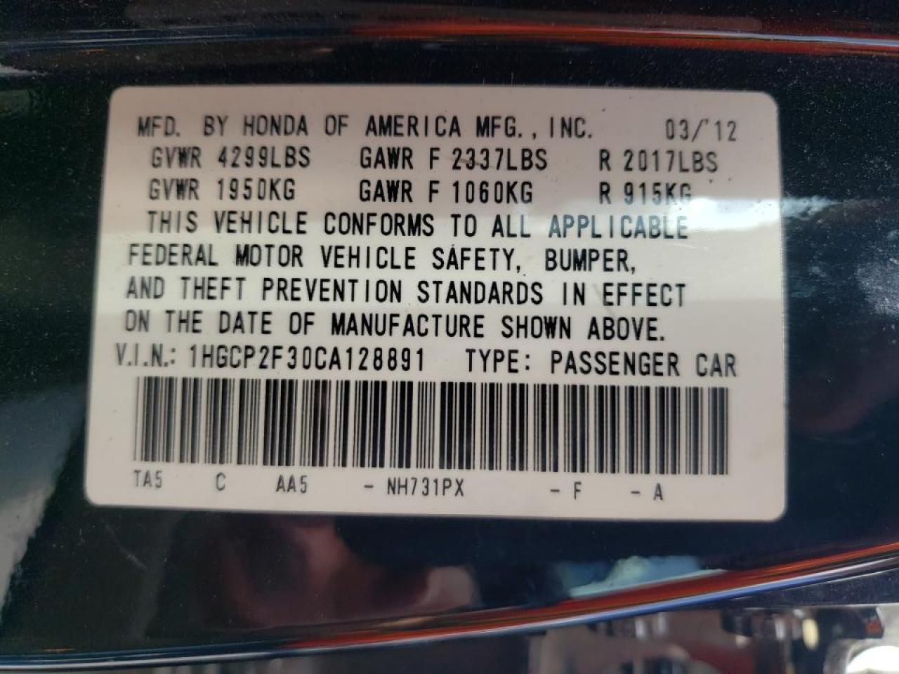 Photo 10 from auction – 2012 HONDA ACCORD LX with VIN 1HGCP2F30CA128891