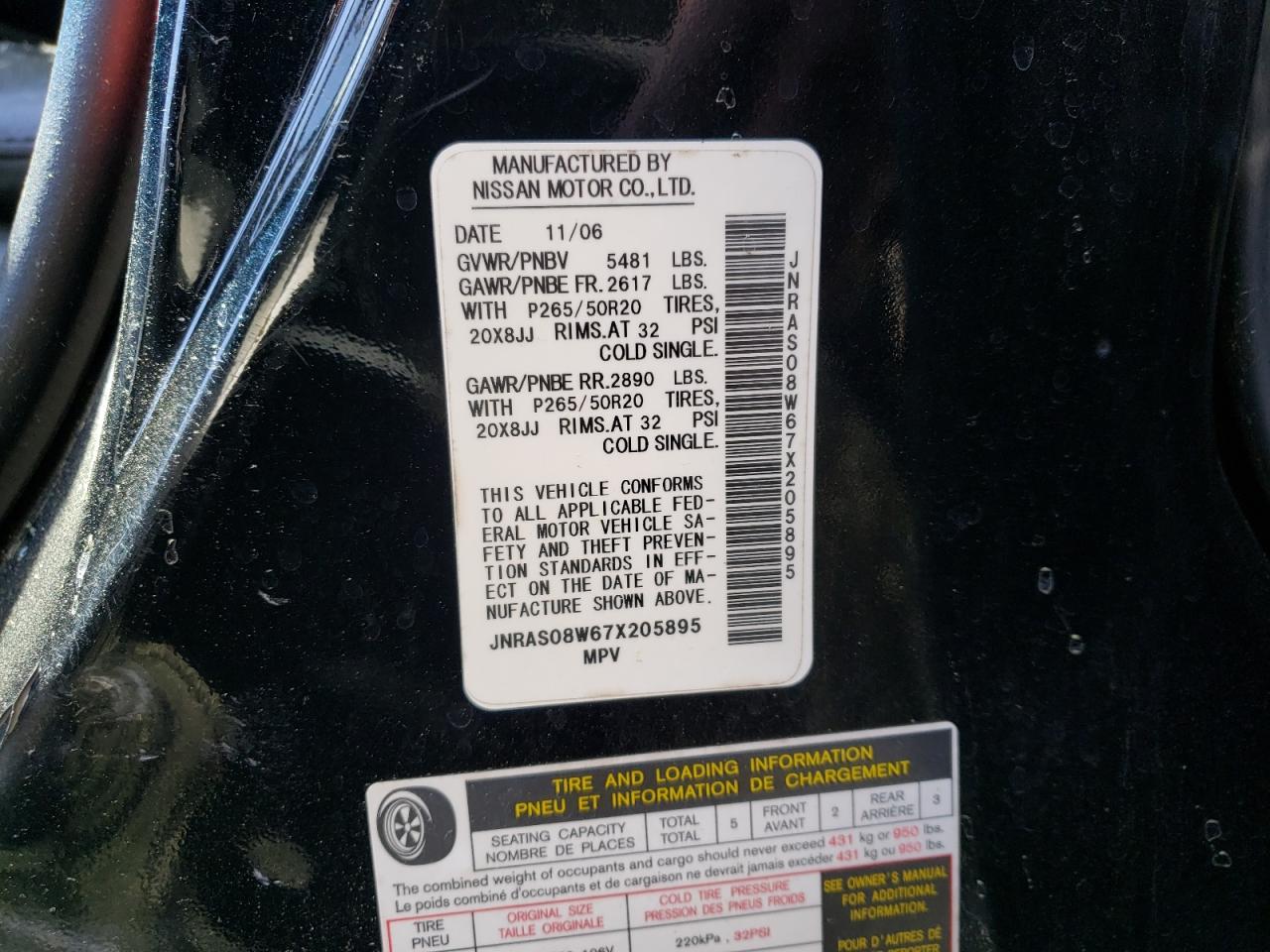Photo 10 from auction – 2007 INFINITI FX35 with VIN JNRAS08W67X205895