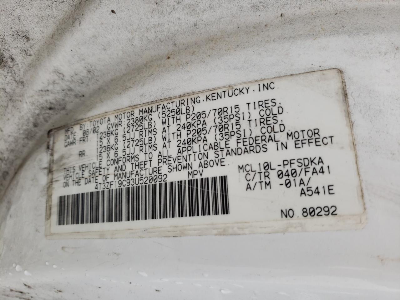 Photo 10 from auction – 2003 TOYOTA SIENNA CE with VIN 4T3ZF19C93U520092