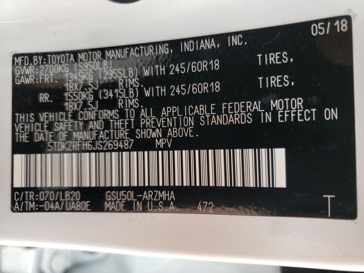 Photo 10 from auction – 2018 TOYOTA HIGHLANDER with VIN 5TDKZRFH6JS269487