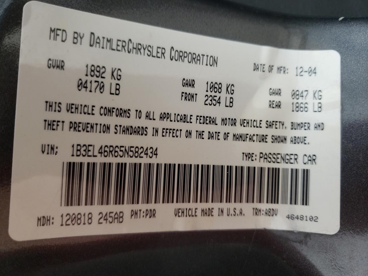 Photo 10 from auction – 2005 DODGE STRATUS SX with VIN 1B3EL46R65N582434