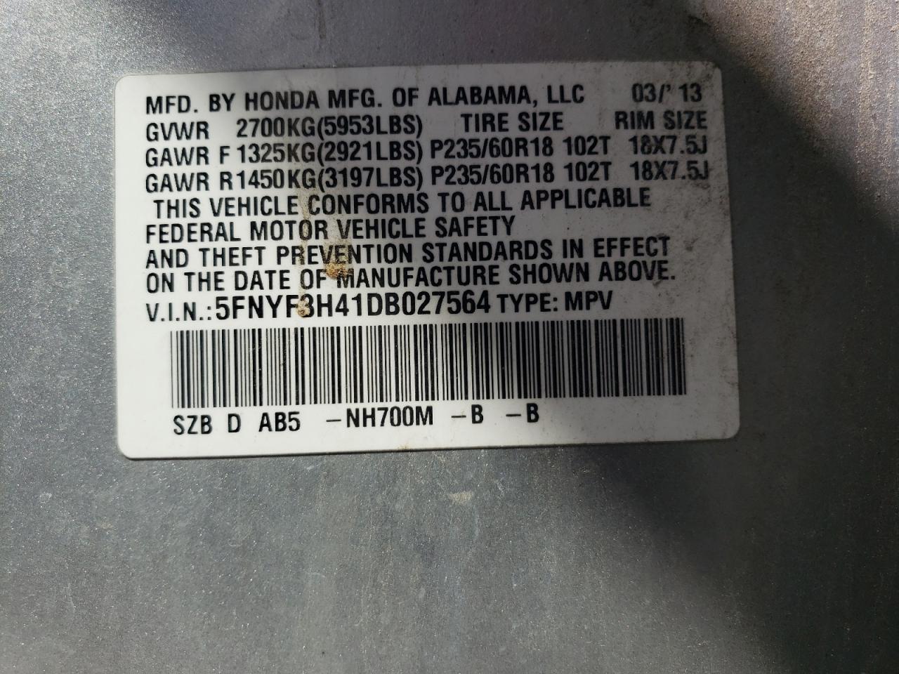 Photo 10 from auction – 2013 HONDA PILOT EX with VIN 5FNYF3H41DB027564