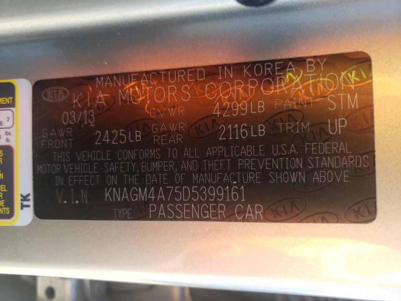 Фото 10 с аукциона – 2013 KIA OPTIMA LX с VIN KNAGM4A75D5399161
