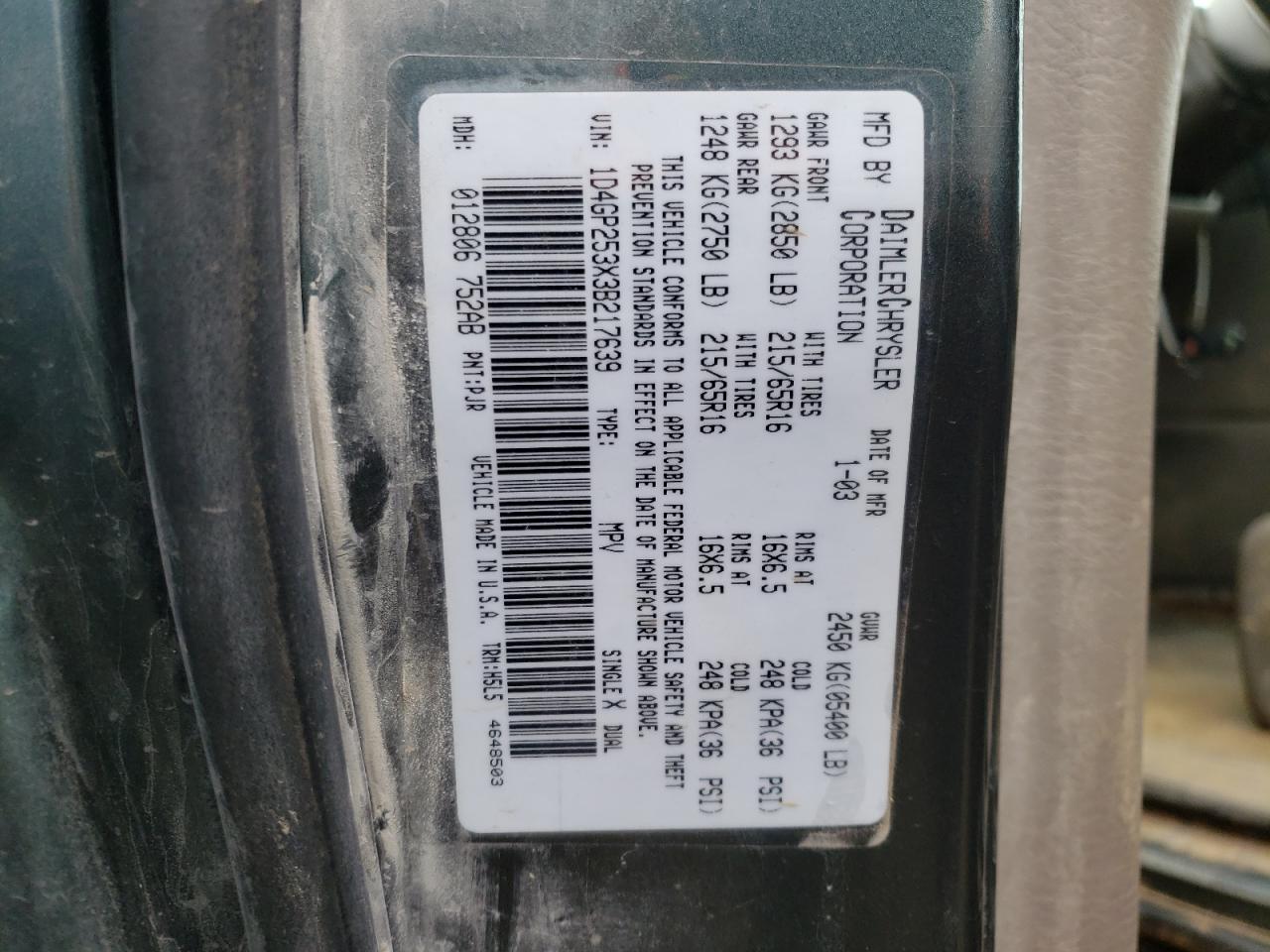 Photo 10 from auction – 2003 DODGE CARAVAN SE with VIN 1D4GP253X3B217639