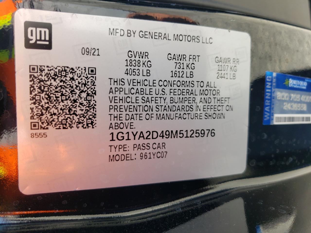 Photo 10 from auction – 2021 CHEVROLET CORVETTE S with VIN 1G1YA2D49M5125976