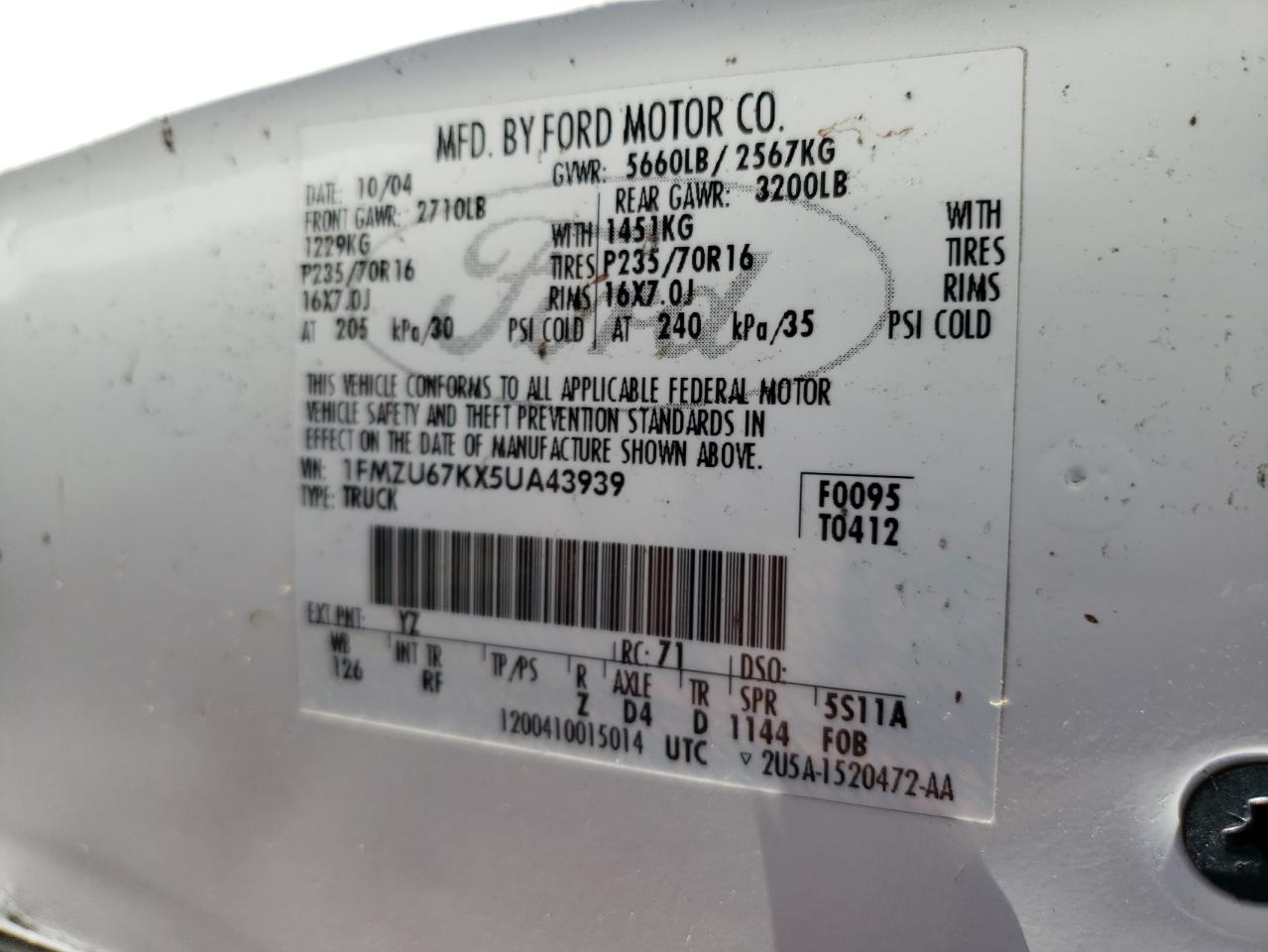 Photo 10 from auction – 2005 FORD EXPLORER S with VIN 1FMZU67KX5UA43939